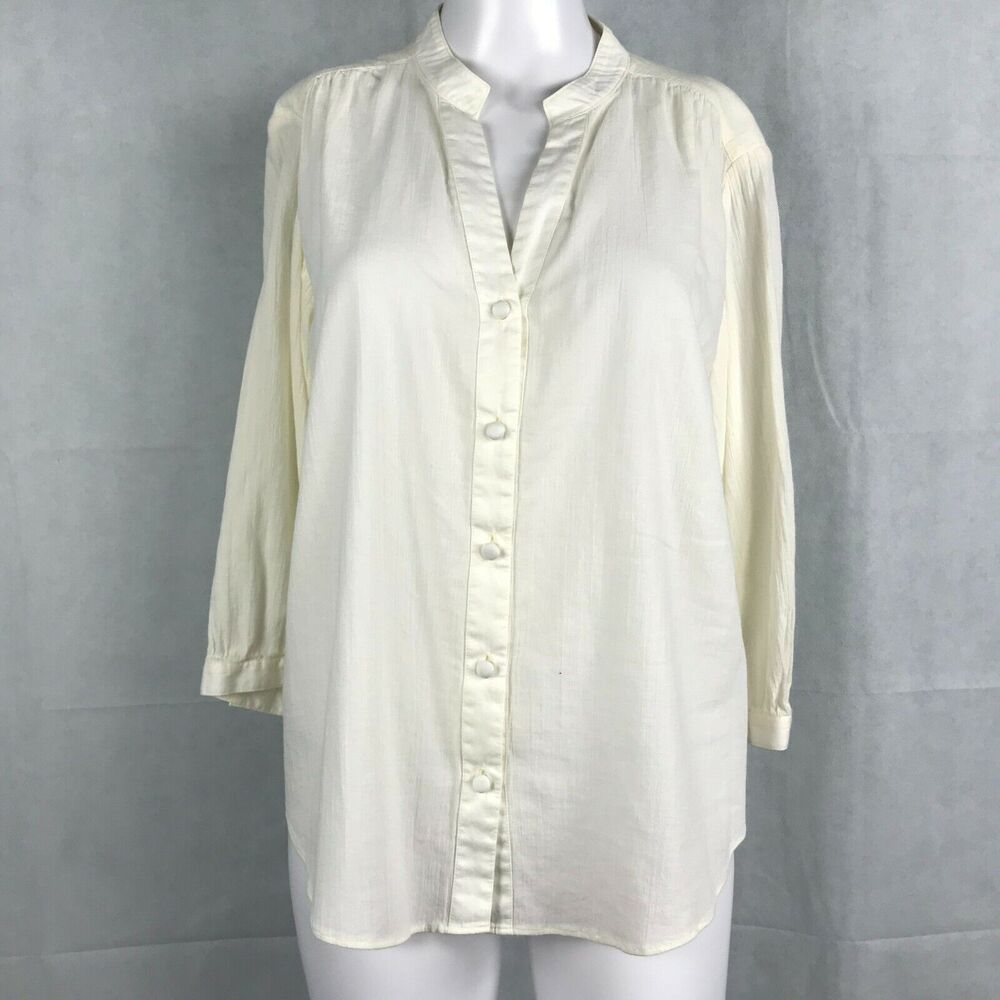 J. Jill Shirt Womens Sz MP Ivory 100% Cotton Lightweight Button Up Top Cuffed